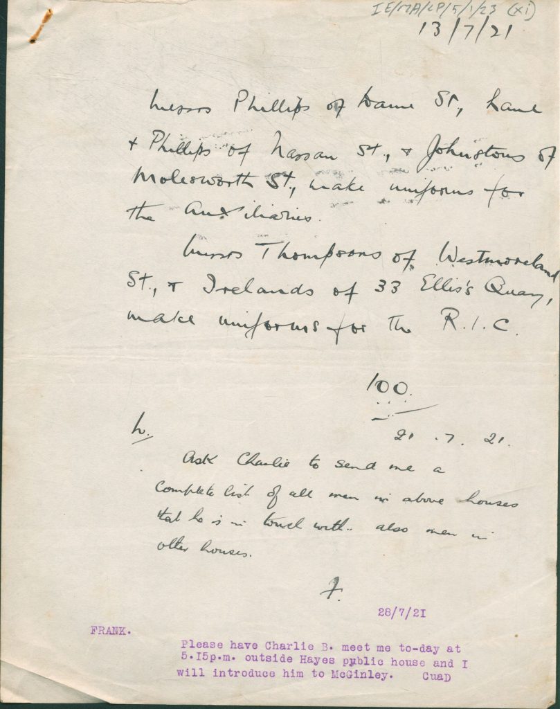 CP-05-01-23 
 Communications between agent ‘100’, F [Frank Thornton] and L [Liam Tobin], 13th July 1921 
